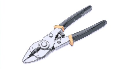 A close-up drawing of a pair of pliers, depicted at an angle. The tool is mostly silver, with black grips, and yellow accents. The image is on a white background