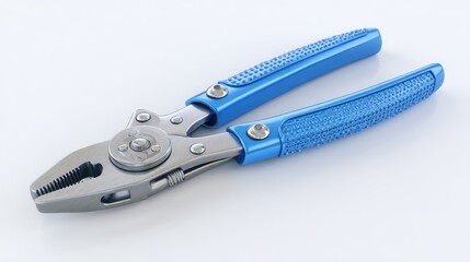 Fototapeta premium Shiny metal pliers with blue textured handles lie on a clean white surface under bright studio lighting