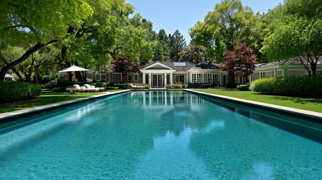 Relaxing summer day by the swimming pool in a spacious backyard surrounded by lush trees and beautifully landscaped gardens