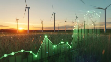 Wind turbines and financial graph at sunset renewable energy