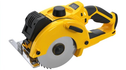 Fototapeta premium A bright yellow and black electric circular saw, showing a spinning blade, ergonomic handle, and protective features