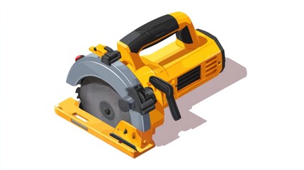 Yellow and grey isometric circular saw with a safety guard on a white background