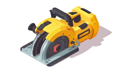 Fototapeta premium Isometric view of a yellow cut-off saw with two circular blades and black handle isolated on a white background