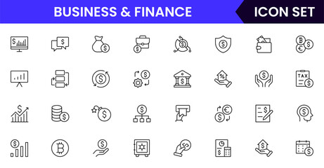 Business and Finance vector web line icon collection, sleek illustrations of budgets, savings, wallets, investments for smart, financial designs.