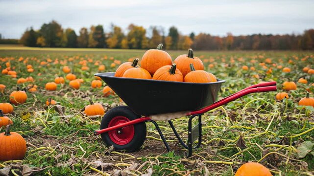 Harvested pumpkins in a wheelbarrow on a vibrant pumpkin field during autumn.