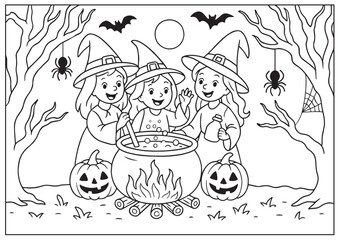 A fun and spooky Halloween-themed coloring page featuring three cheerful little witches brewing a potion in a bubbling cauldron. Surrounded by jack-o&rsquo;-lanterns, bats, spiders, and bare trees