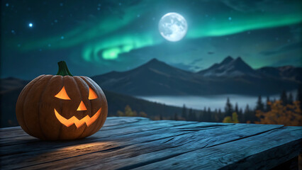 Glowing jack o lantern on wooden table under northern lights and full moon