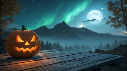 Jack o lantern pumpkin glows under northern lights and full moon