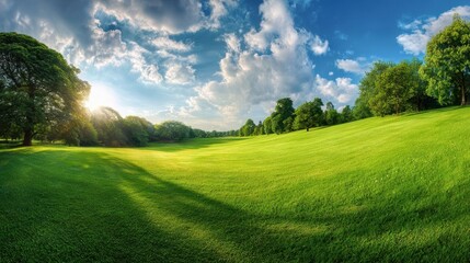 Obraz premium The expansive green field bathed in warm sunshine under a beautiful sky.