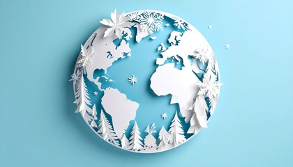 Paper globe, wintery design, light blue background