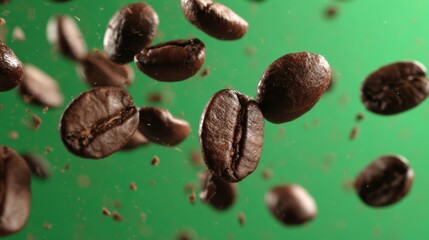 Obraz premium Close-up image of flying coffee beans against a vibrant green background, highlighting their rich texture and color.