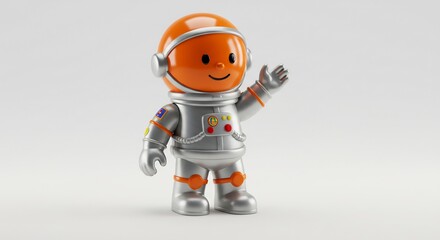 Friendly orange astronaut toy waves cheerfully against a bright white background. AI Generated