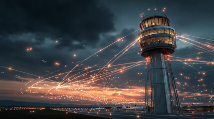 A futuristic air traffic control tower with an AI managing autonomous aircraft.