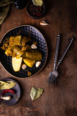 Bowl of pickled marinated cucumbers