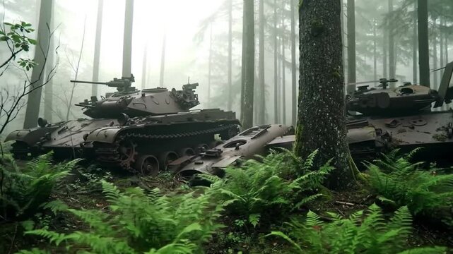 Abandoned military tanks rusting in a misty, green forest. Old war machines decaying amidst ferns and trees in a foggy landscape.
