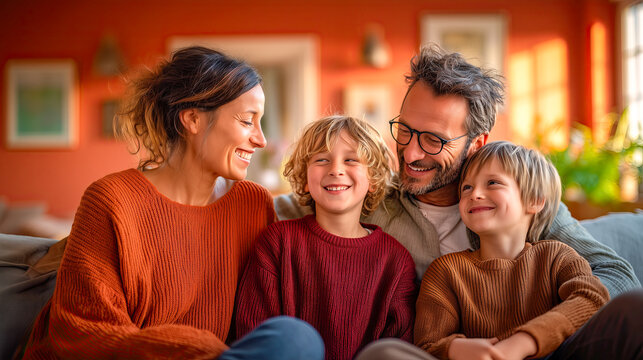 A young family (mother, father, two children) sitting together laughing on a sofa in a comfortably furnished living room, natural light, warm colors, emotional connection and security - Powered by Adobe