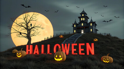 Spooky halloween scene with a haunted house full moon bats and glowing pumpkins