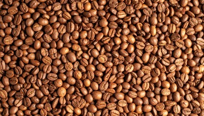 Close-up image of roasted coffee beans filling the frame with a rich brown color and textured surface.