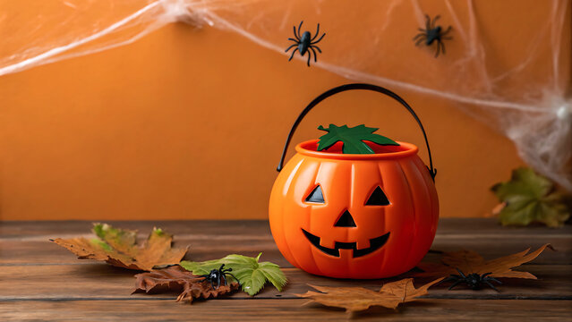 Orange jack o lantern candy bucket with spiders and autumn leaves