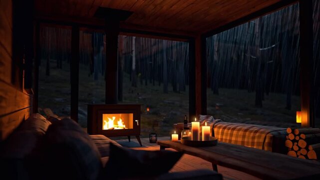  Glowing fire inside a rustic cabin as rain falls against window glass. Soft light and shadows create a peaceful, natural night ambiance.