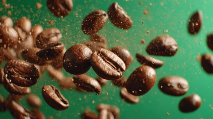 Obraz premium Dynamic close-up shot of flying coffee beans in a vibrant green background, capturing freshness and energy.