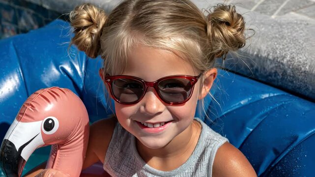 Cheerful girl enjoys summer fun with flamingo float in sparkling pool during sunny day