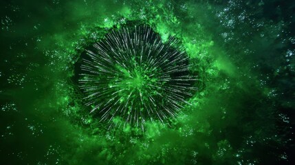 Dynamic green explosion representing energy and cosmic phenomena, with swirling particles and vibrant textures.