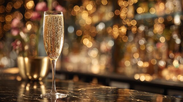 Elegant champagne flute filled with bubbly drink, set against a beautifully lit bar background.