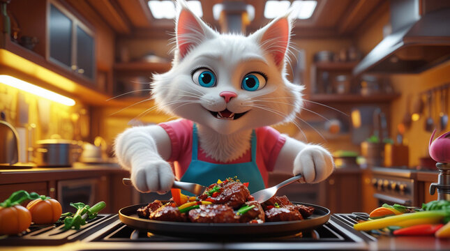 Cartoon White Cat Chef Preparing Stir-Fry Dish in Cozy Kitchen – Whimsical Culinary Background