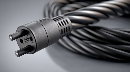 Close-up of a dark gray, twisted, power cable with a two-pronged plug.  The cable has a metallic sheen and a textured surface. The plug is cylindrical with a slightly brushed metal finish