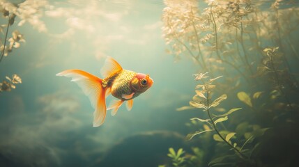Serene goldfish swimming in tranquil tank aquatic scene nature peaceful environment close-up view harmony and calmness