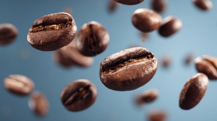 Fototapeta premium Flying coffee beans in mid-air, showcasing their rich texture and dark color against a soft blue backdrop.