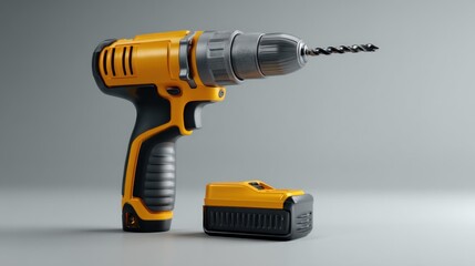 A yellow and grey cordless drill with a separate battery rests on a neutral grey background; the drill bit is extended