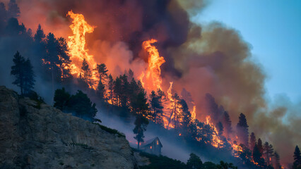 Fototapeta premium Massive Forest Wildfire Engulfs Hillside with Intense Flames and Towering Smoke Plumes 