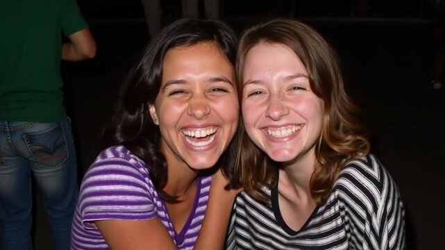 dos j&oacute;venes sonrientes con camisas a rayas, que muestra la alegr&iacute;a de la amistad en una animada reuni&oacute;n social.