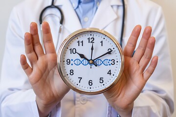 Doctor holding clock with dna strand medical healthcare