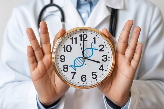 Doctor holding clock with dna symbol image