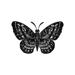 Intricate butterfly vector illustration featuring detailed patterns on wings. The black and white design captures the symmetry and beauty of a butterfly, ideal for artistic projects.
