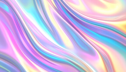 Obraz premium A smooth, flowing pastel holographic texture with iridescent hues of pink, purple, blue, and yellow creating a dreamy, reflective surface.