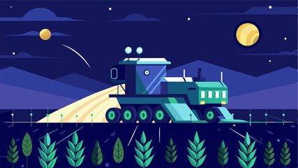 An autonomous combine harvester working through the night utilizing computer vision technology to navigate and harvest crops.. Vector illustration