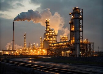 Fototapeta premium Industrial refinery at dusk with glowing lights and steam high resolution photo