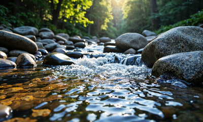 A Shot of a Crystal-Clear Mountain Stream Flowing Over Smooth, Colorful Stones, with Sunlight Creating Caustic Patterns on the Streambed