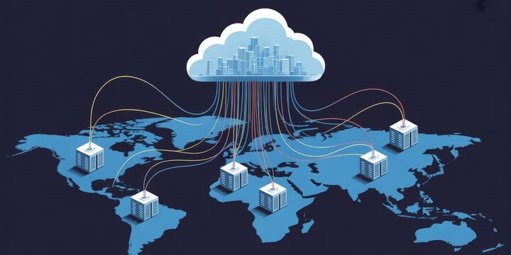 Global cloud network connecting data centers across a world map, data migration concept, information availability, cloud storage