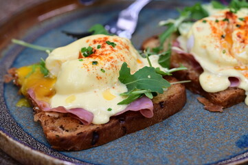 Toasted bread with egg Benedict and arugula on a plate