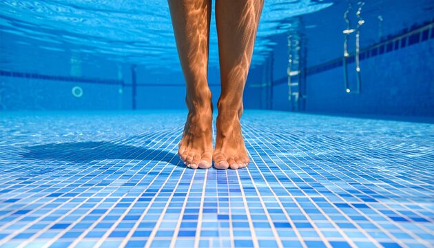 Underwater photo of a person's feet standing on the tiled floor of a swimming pool with clear blue water. - Powered by Adobe