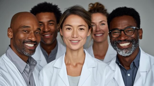 cinematic group portrait of diverse healthcare professionals smiling confidently, clean studio background