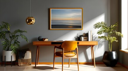 Elegant Workspace with Wooden Desk and Scenic Ocean Landscape Artwork in Modern Interior