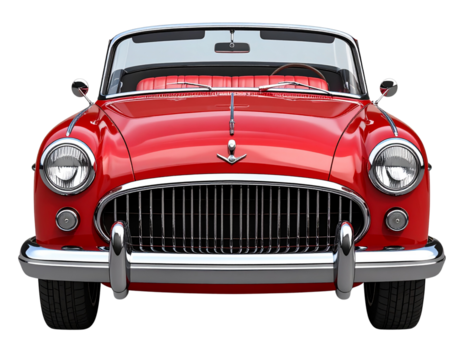 Vintage Red Convertible Car Front View with Chrome Bumper and Headlights, Transparent Background