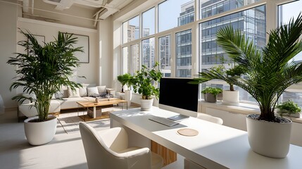 Bright and Modern Office Interior with Abundant Natural Light and Lush Indoor Plants