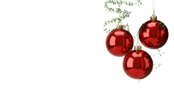 Three glossy, vibrant red christmas ornaments on a snow-dusted fir tree branch, against a transparent studio background with copy space, no shadows, clean festive holiday decoration concept